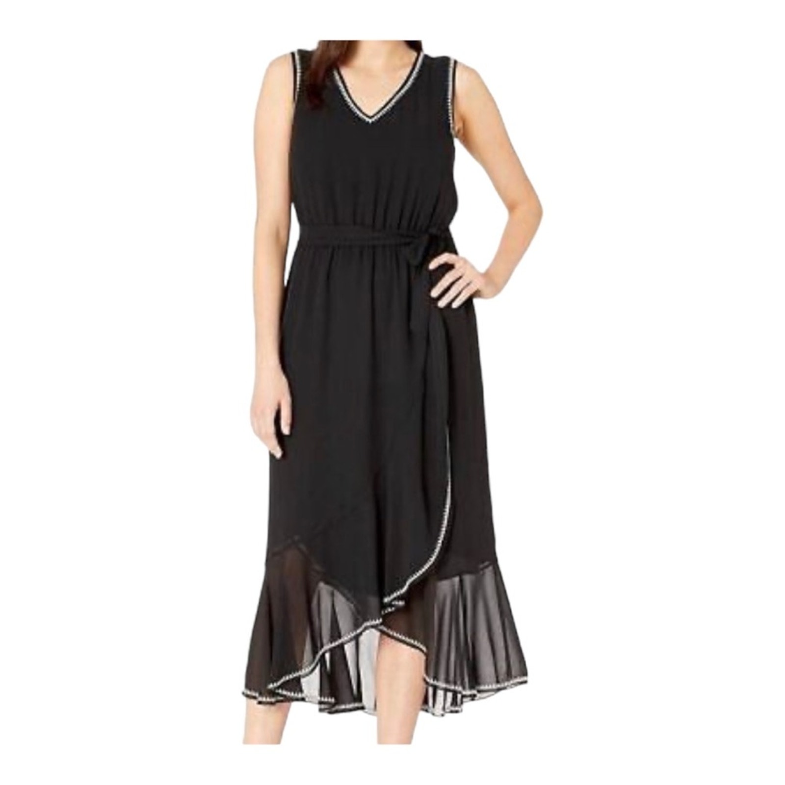 Vince Camuto Faux Wrap Chiffon Blouson Office Casual Wedding Guest Black Dress